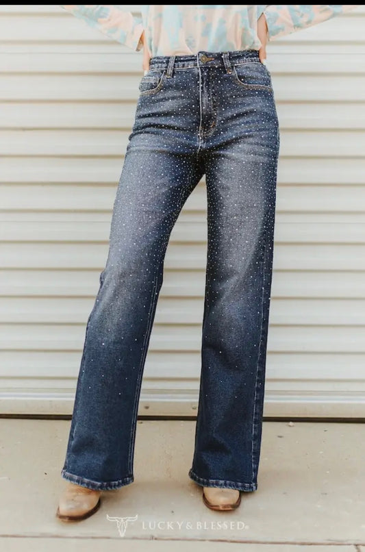 Studded mid rise western flare jeans