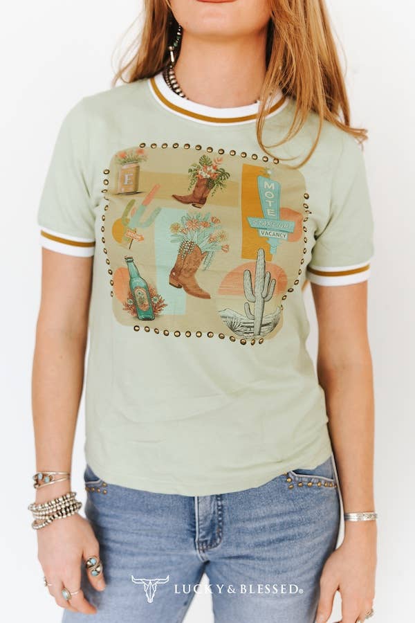 Pistachio Cactus Boots Vintage Studded Short Sleeve Shirt
