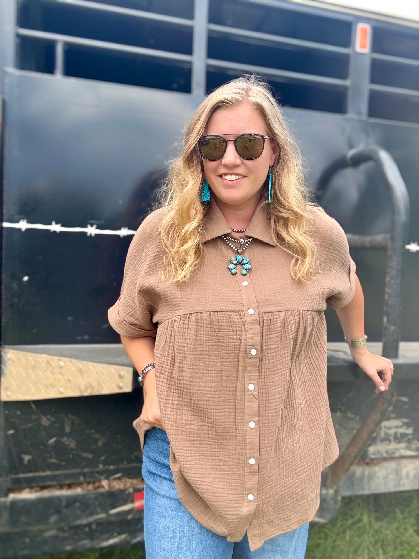 Button Down Baby Doll Top With Dolman Sleeves