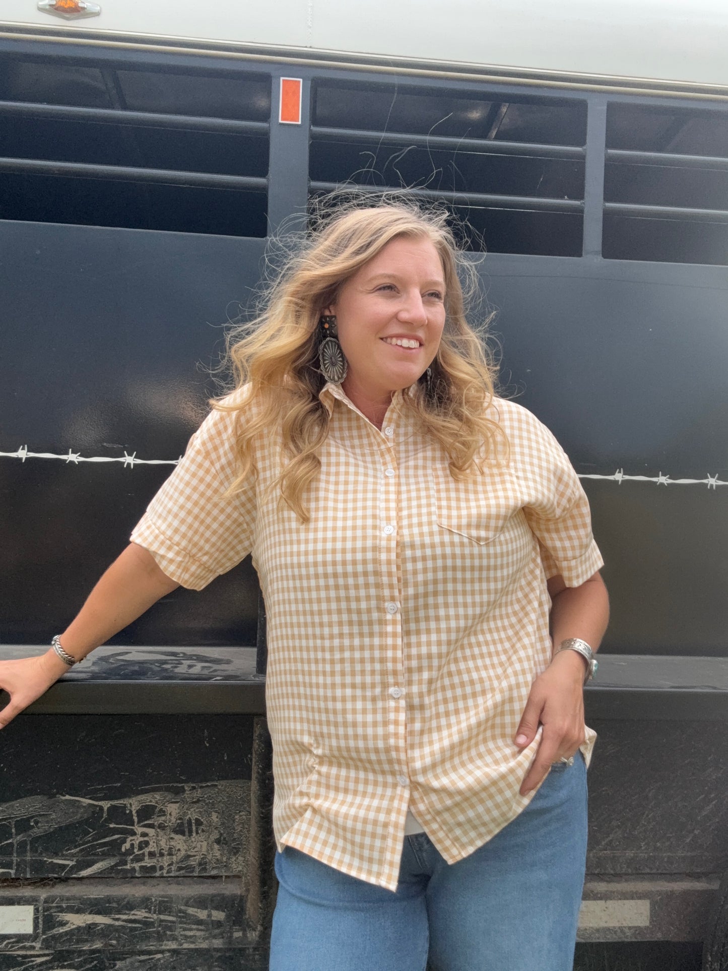 Gingham Button Down Short Sleeve Top