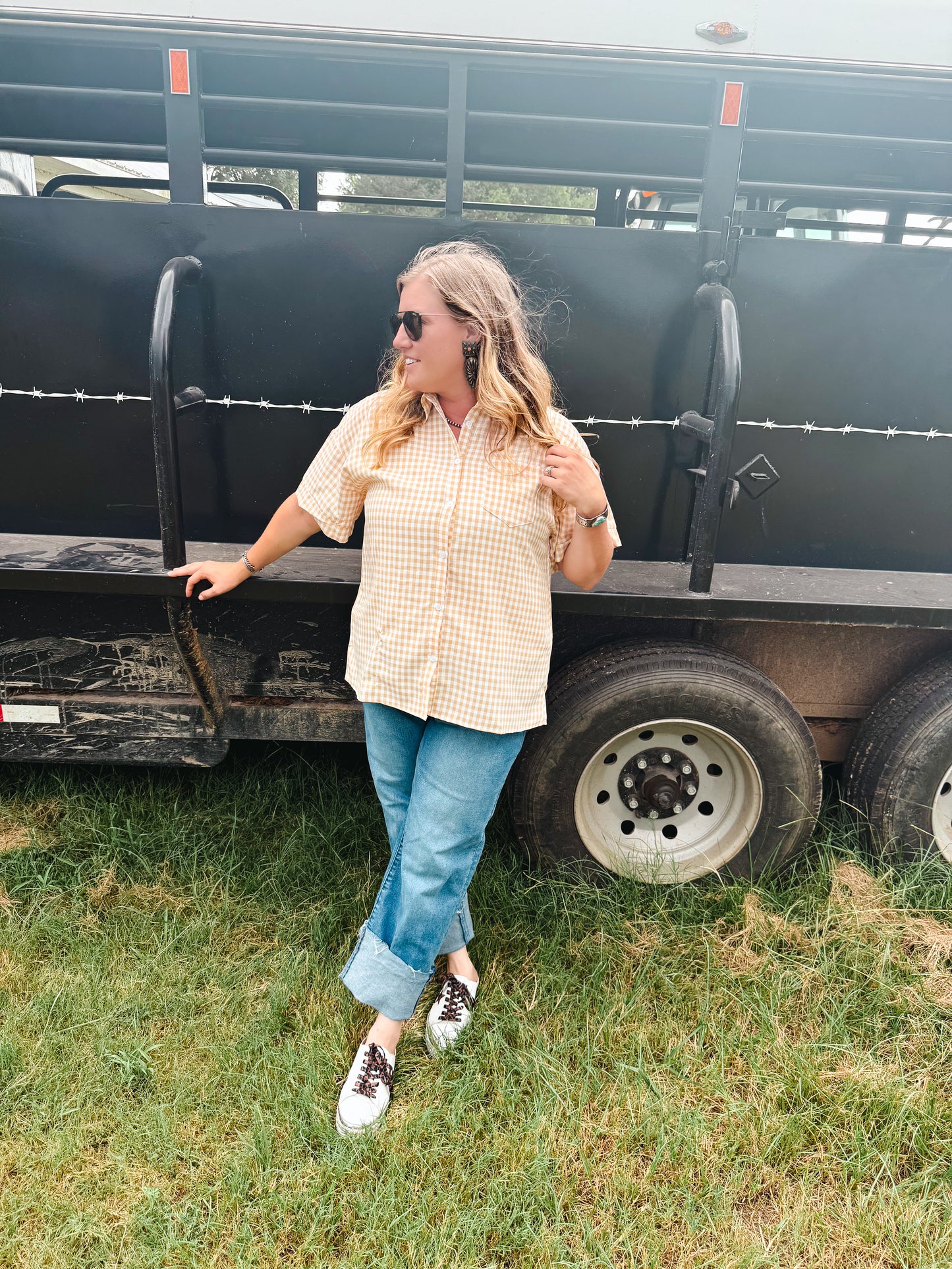 Gingham Button Down Short Sleeve Top
