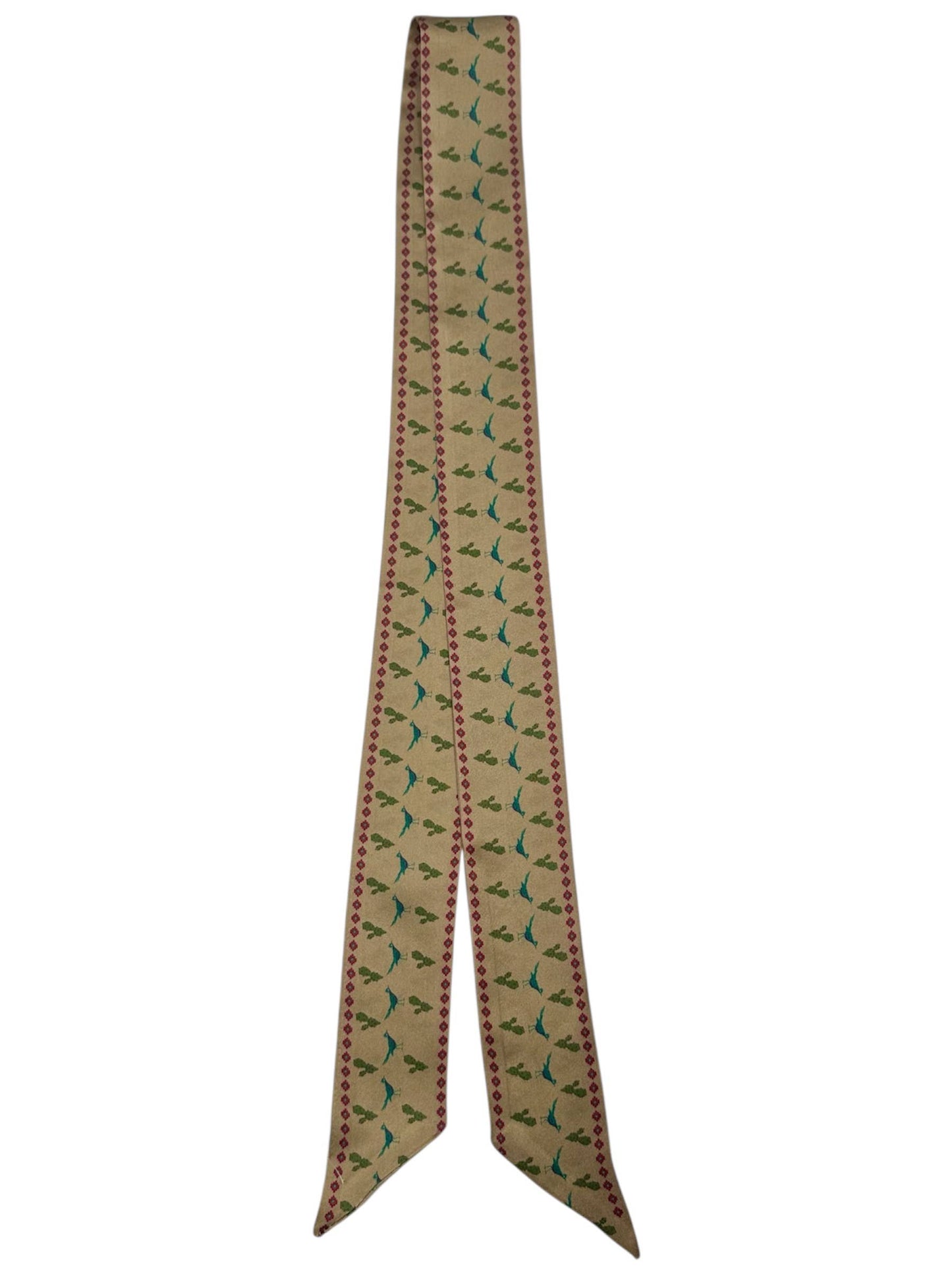 Tan Silk Twilly Scarf with Turquoise Roadrunner