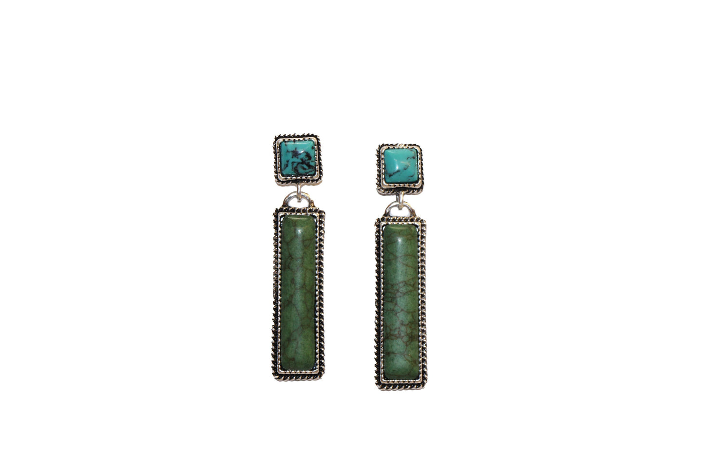 2" Green Bar Earring On Turquoise Square Post