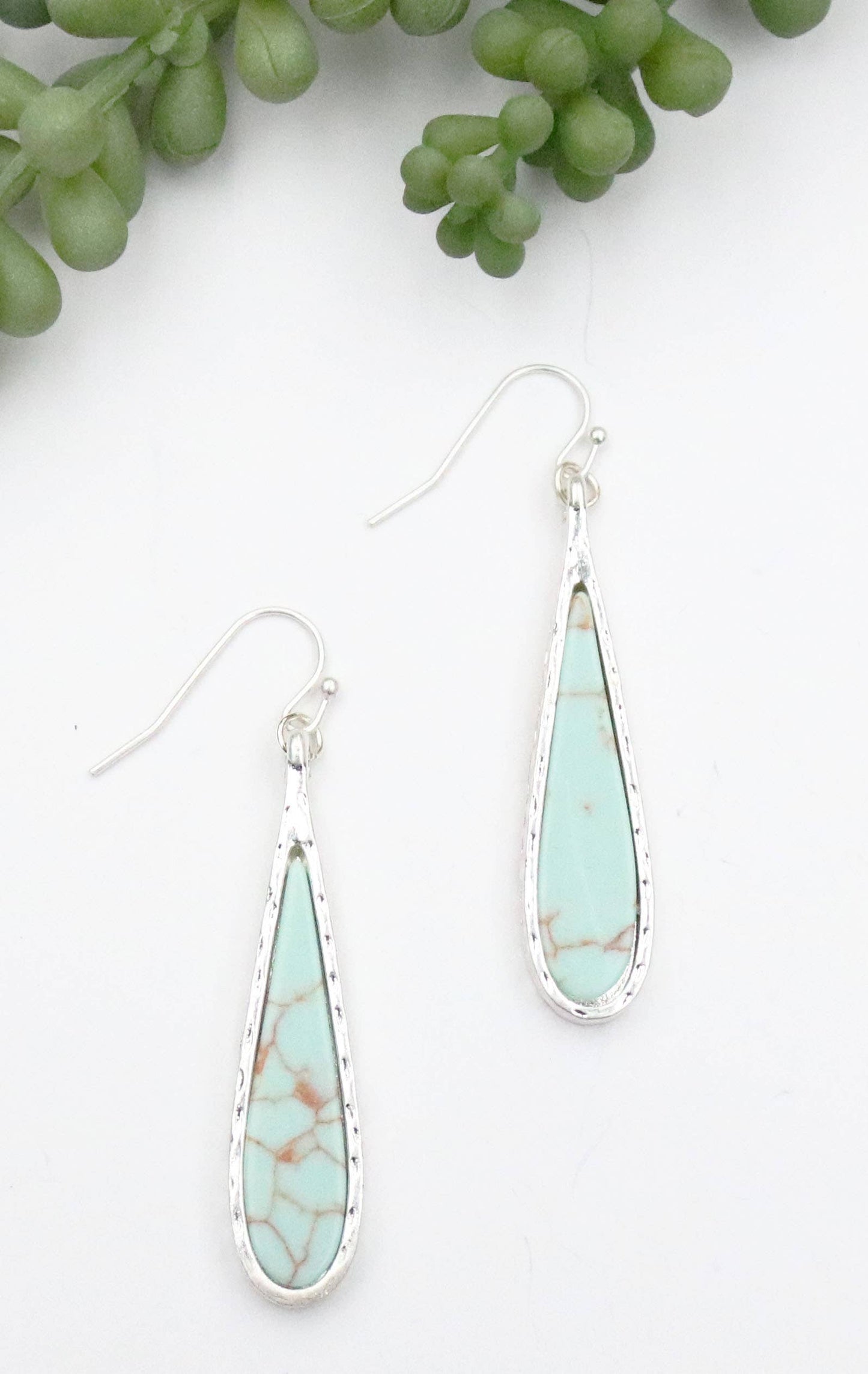 Silver Thin Teardrop Earring with Turq Inlay..