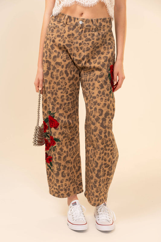 Rose Embroidered Leopard Barrel Pants