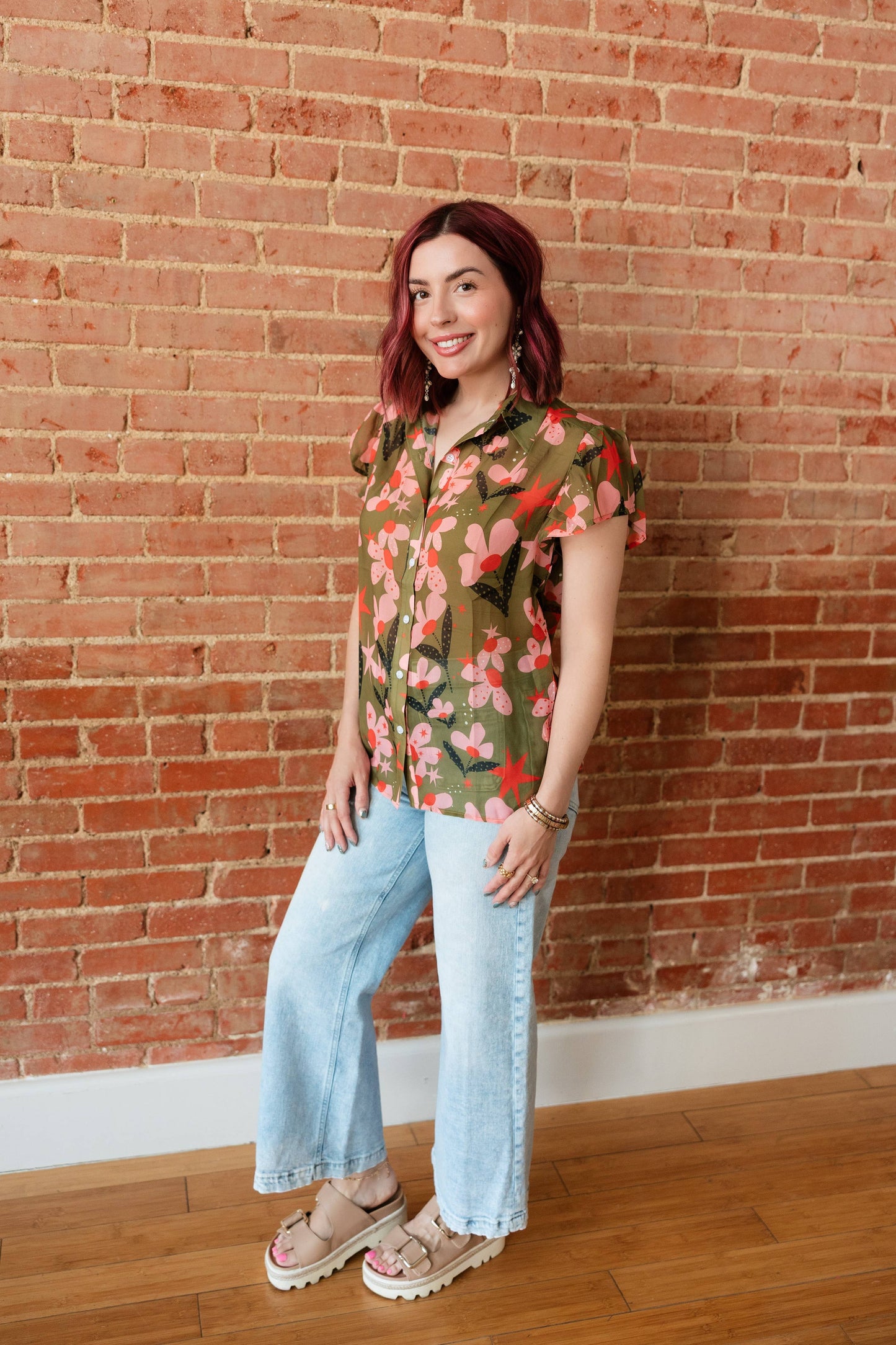 OLIVE PINK FLOWER TOP
