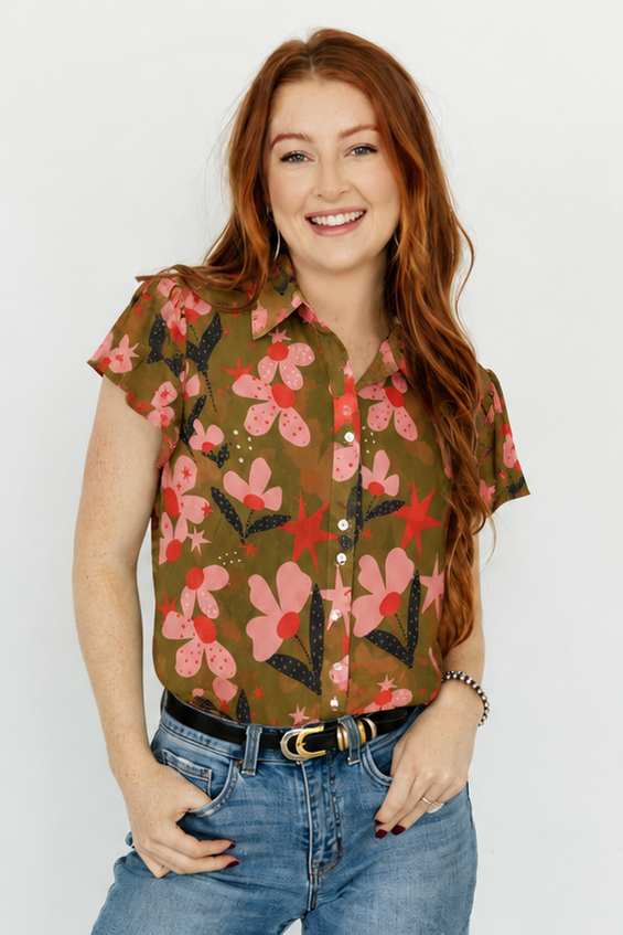 OLIVE PINK FLOWER TOP