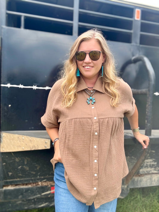 Button Down Baby Doll Top With Dolman Sleeves