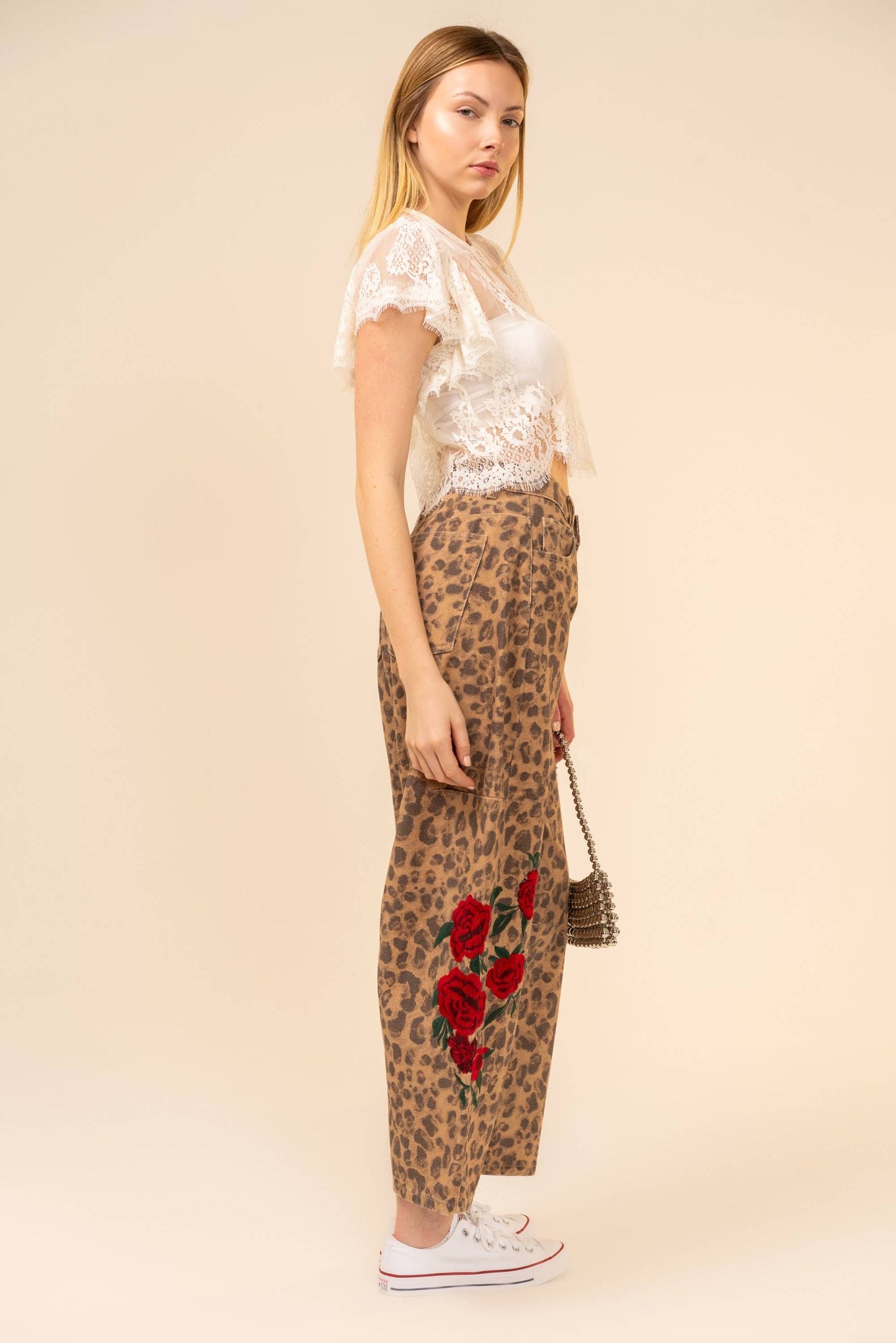 Rose Embroidered Leopard Barrel Pants