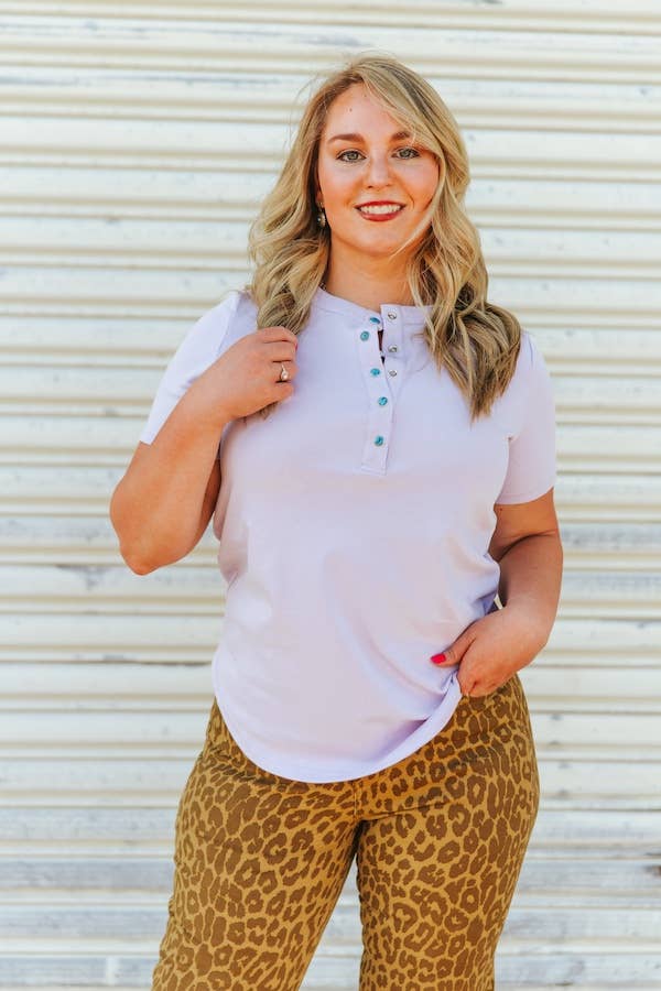 Lavender Sleeve Turquoise Snap Button Down T-Shirt