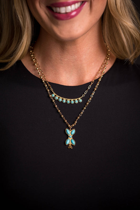 16" Dotted Bar & 18" Gold Beaded Chain with Turquoise Blos.