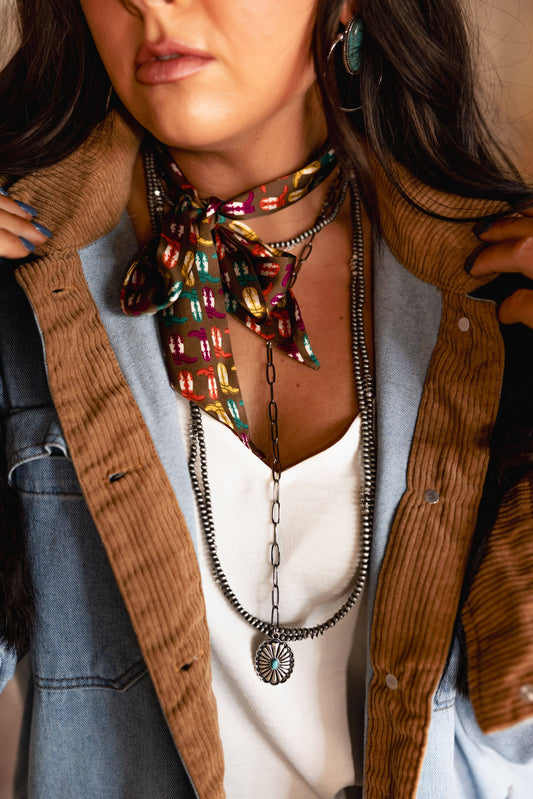 Brown Silk Twilly with Multicolor Cowboy Boots