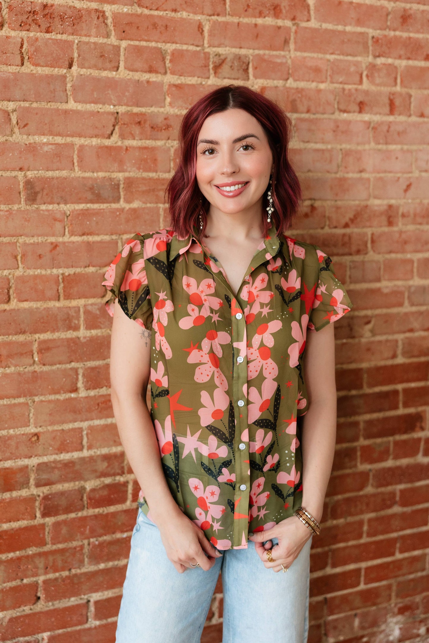 OLIVE PINK FLOWER TOP