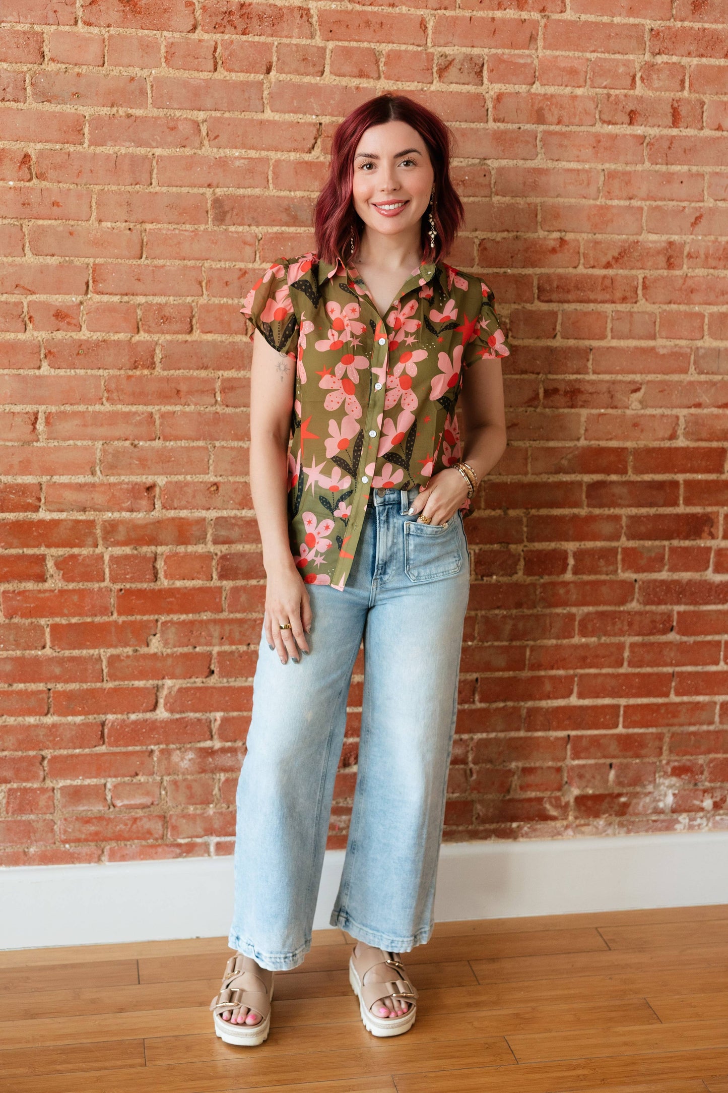 OLIVE PINK FLOWER TOP