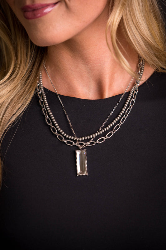 Silver Multi Layered Necklace with Rhinestone Bar Pendant
