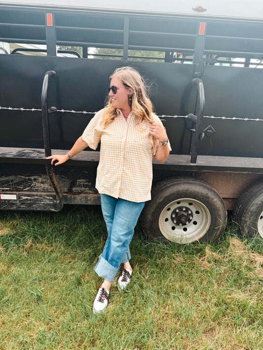 Gingham Button Down Short Sleeve Top