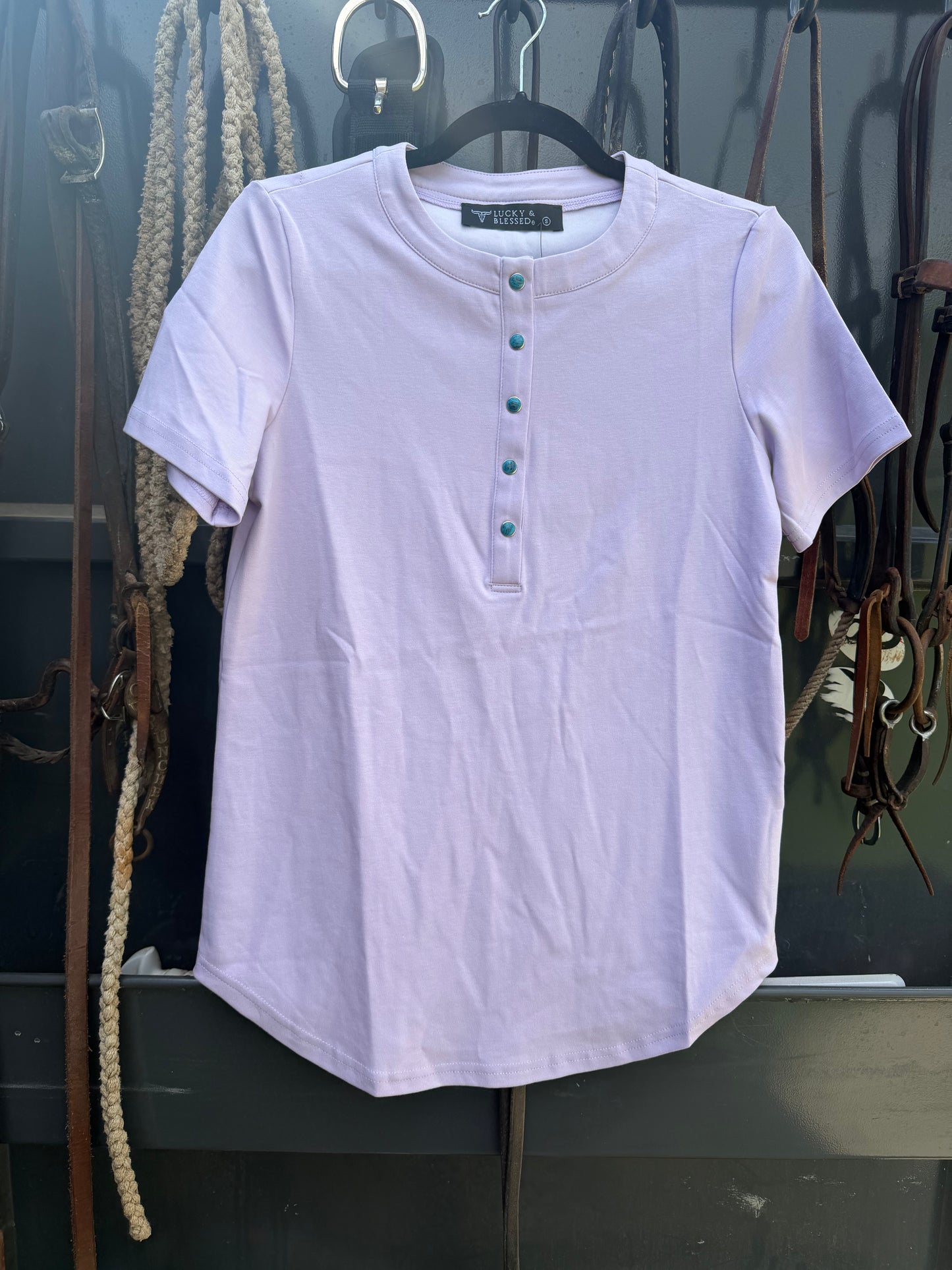 Lavender Sleeve Turquoise Snap Button Down T-Shirt