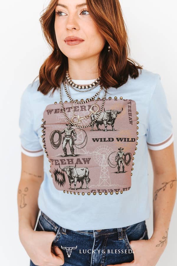  Light Blue Wild West Vintage Studded Short Sleeve Shirt