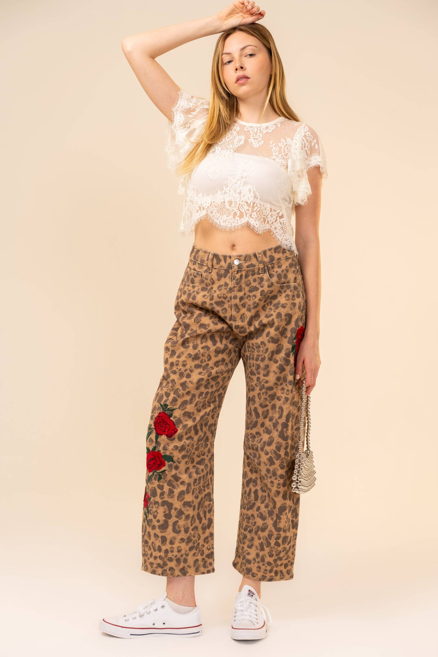 Rose Embroidered Leopard Barrel Pants