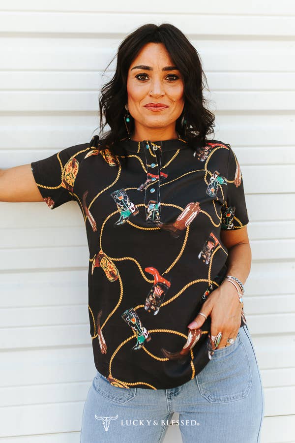 Plus Size Contrast Boots Rope Turquoise Snap T-Shirt