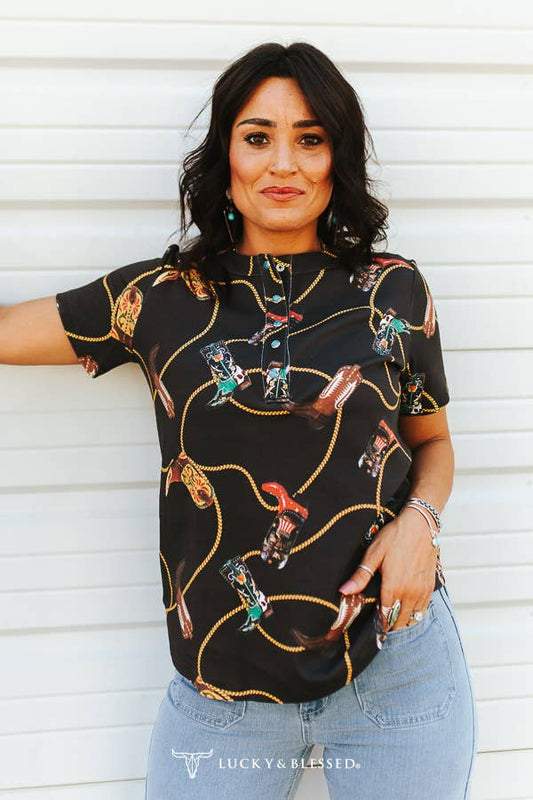 Plus Size Contrast Boots Rope Turquoise Snap T-Shirt