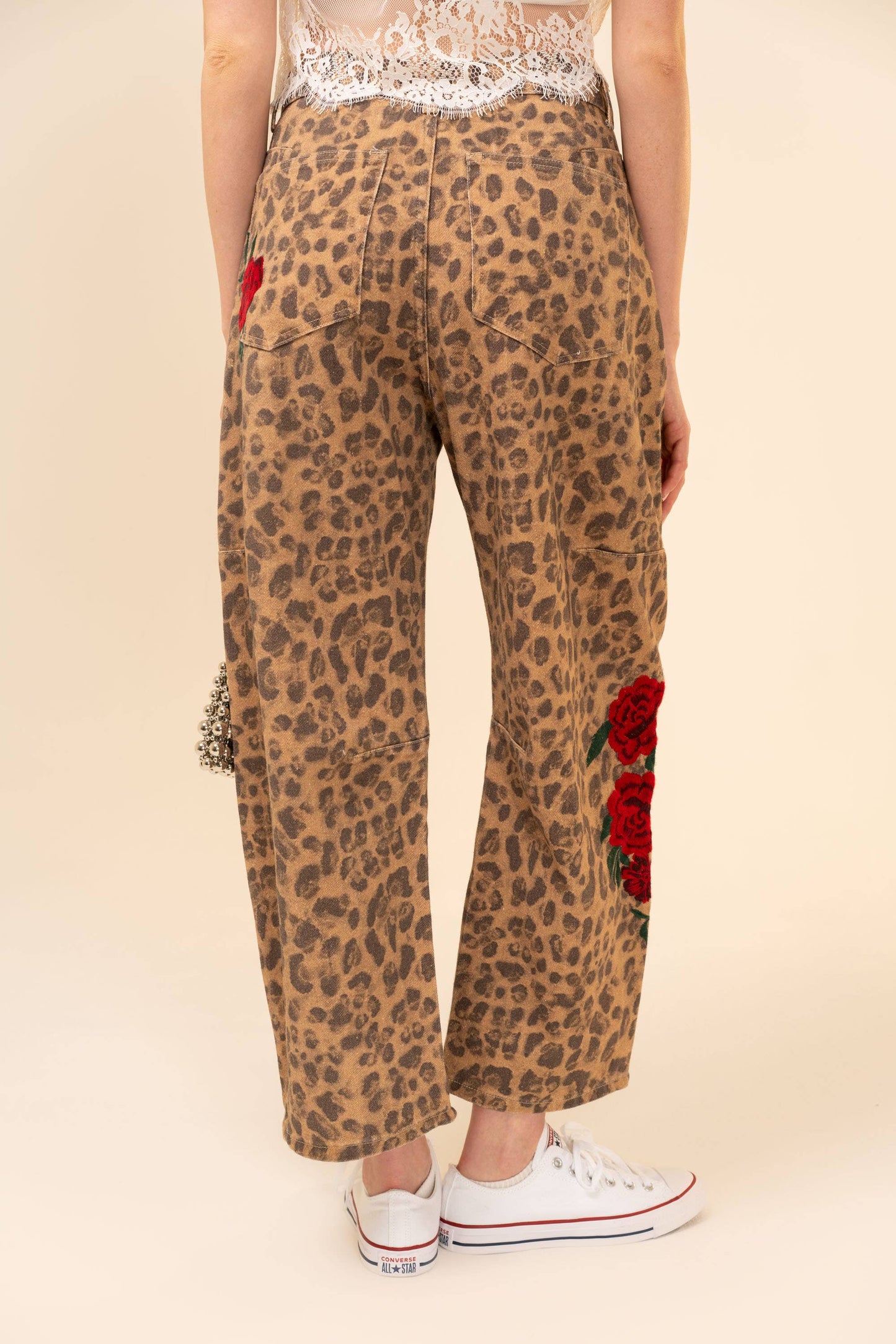Rose Embroidered Leopard Barrel Pants