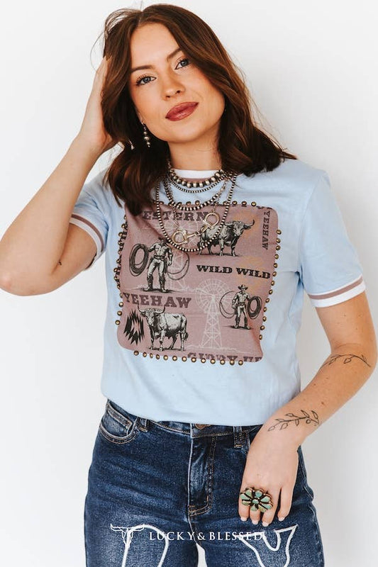  Light Blue Wild West Vintage Studded Short Sleeve Shirt