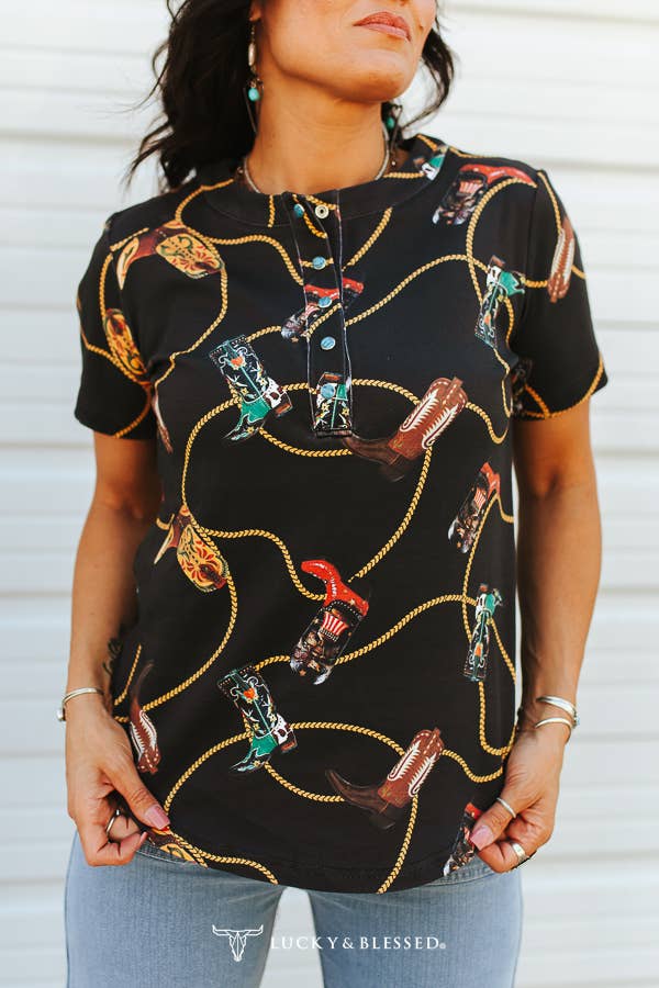 Plus Size Contrast Boots Rope Turquoise Snap T-Shirt