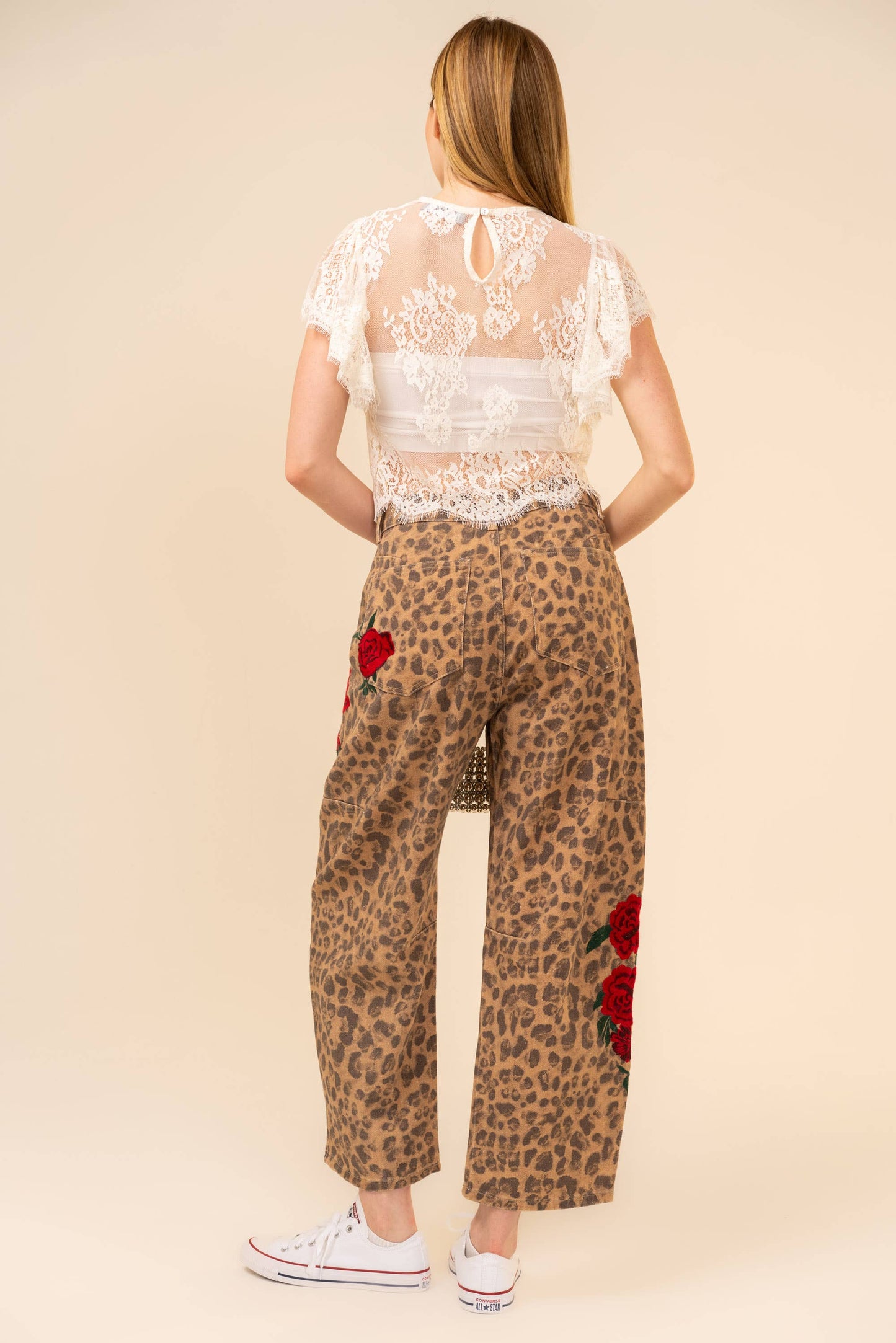 Rose Embroidered Leopard Barrel Pants