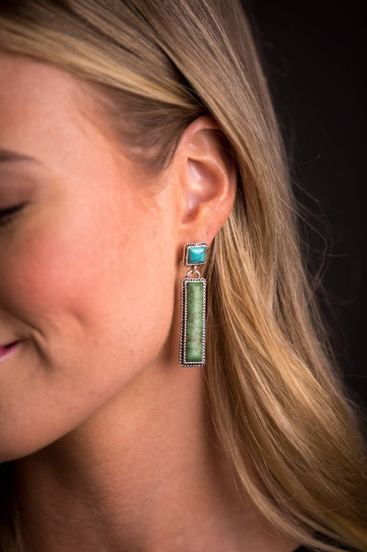 2" Green Bar Earring On Turquoise Square Post